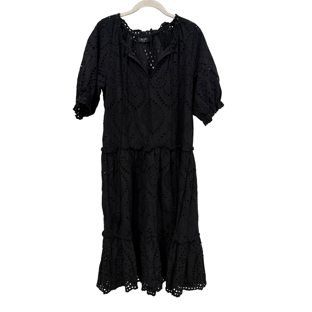 o.p.t Black Eyelet Cotton Tiered Midi Dress Puff Sleeve Medium RN 151041‎